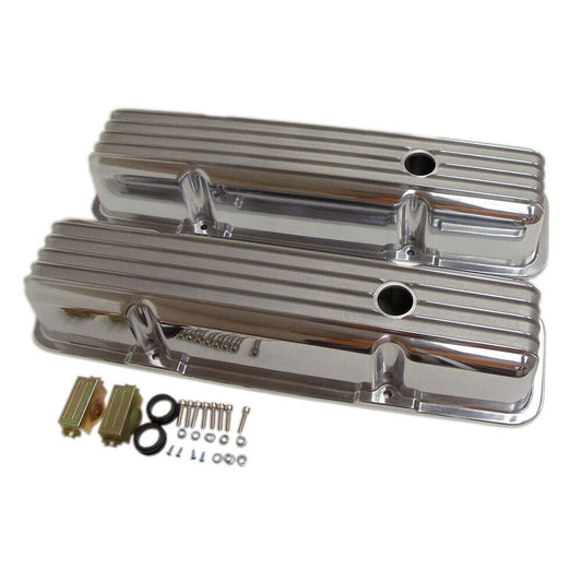 Retro Finned Polished Aluminum Tall Valve Covers for 58-86 SBC Chevy 327 350 400