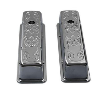 1958-86 Chevy Small Block 283-305-327-350-400 Tall Flame Steel Valve Covers - Chrome