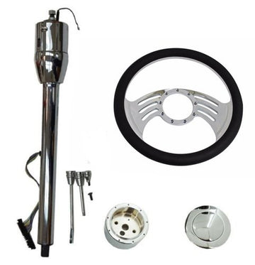 14" Gaap Billet Black Leather Wrap Steering Wheel and Manual Style Steering Column 28" GM No Key & Smooth Horn Button