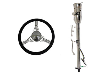 14" Chrome Full Wrap Leather Banjo Steering Wheel and Chrome Tilt Auto Automatic Style Steering Column 28" GM No Key