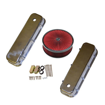 BBC Engine Dress Up Kit Tall Valve Covers & Red 14" x 4" Breather Washable Air Cleaner