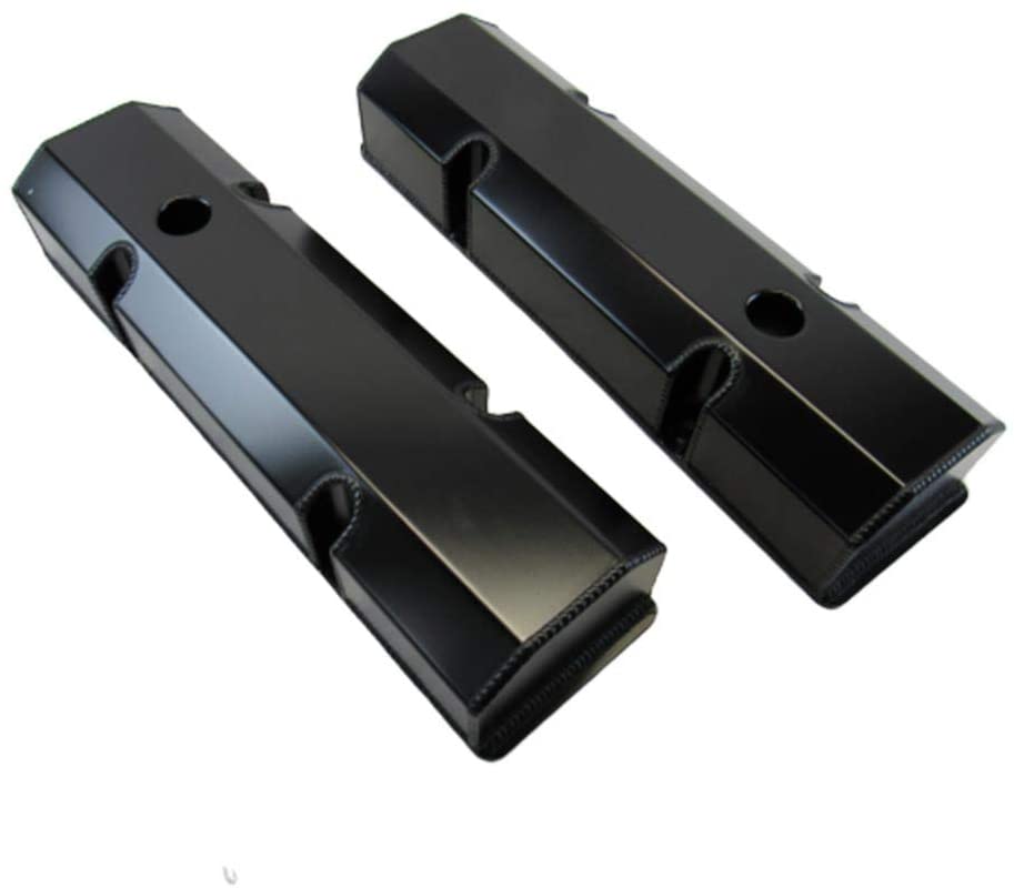 Fabricated Tall Alum Valve Cover Flat Top Short Bolts w/Holes Black Anodized for 1958-87 SBC