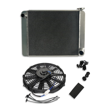 Fabricated Polished Aluminum Radiator & 12" Electric Radiator Cooling fan Straight Blade Black