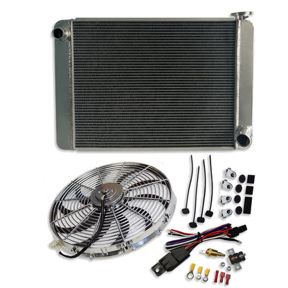 Fabricated Aluminum Radiator 29" x 19" x 3" Overall For SBC BBC & 16" Electric Cooling Fan & Thermostat Switch Relay Kit
