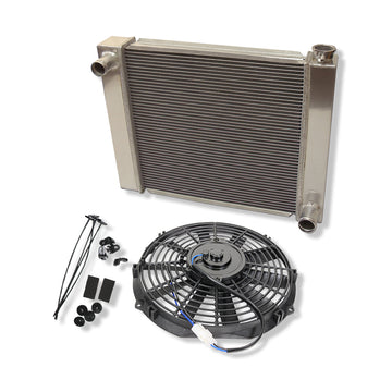 Fabricated Polished Aluminum Radiator 24" x 19" x 3" Overall For SBC BBC Chevy GM&Electric 10" Straight Blade Cooling Radiator Fan