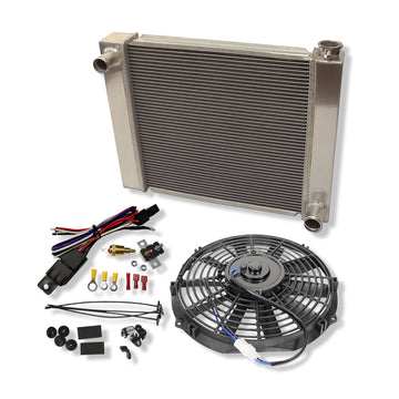 Fabricated Polished Aluminum Radiator 24" x 19" x 3" Overall For SBC BBC & Electric 10" Straight Blade Cooling Fan & Thermostat Switch Relay Kit