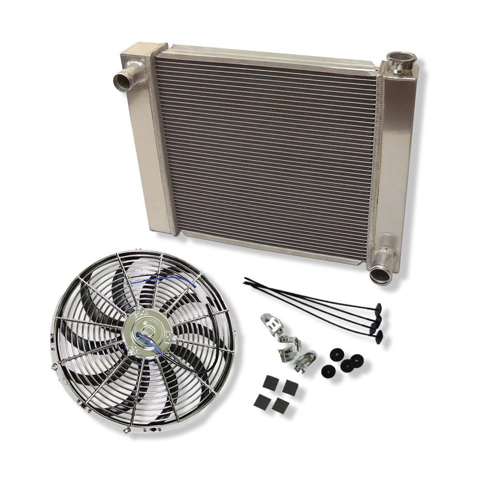Fabricated Polished Aluminum Radiator 24" x 19" x 3" Overall For SBC BBC Chevy GM & Chrome 16" Heavy Duty Electric Cooling Fan