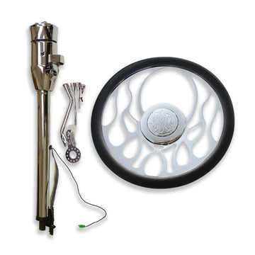 GM 28" Chromed Auto Steering Column & 9 Hole Steering Wheel & Flame Horn Button
