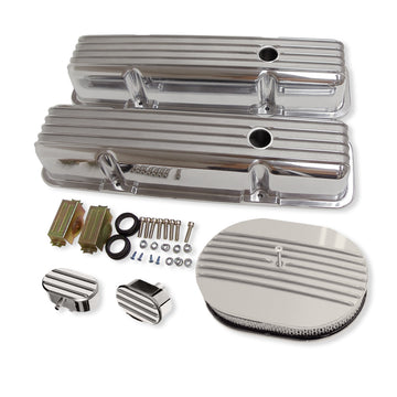 Polished Aluminum Valve Covers for 58-86 SBC 327 350 400 with Half Finned Air Cleaner and Breather