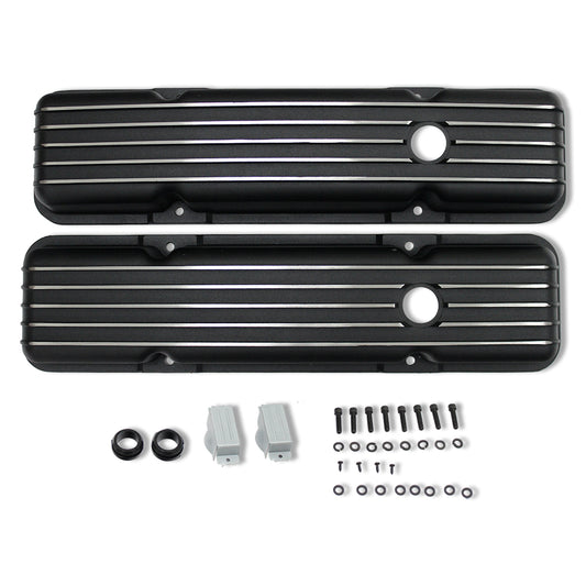 Black Finned Polished Aluminum Short Valve Covers For SBC Chevy 283 305 327 350