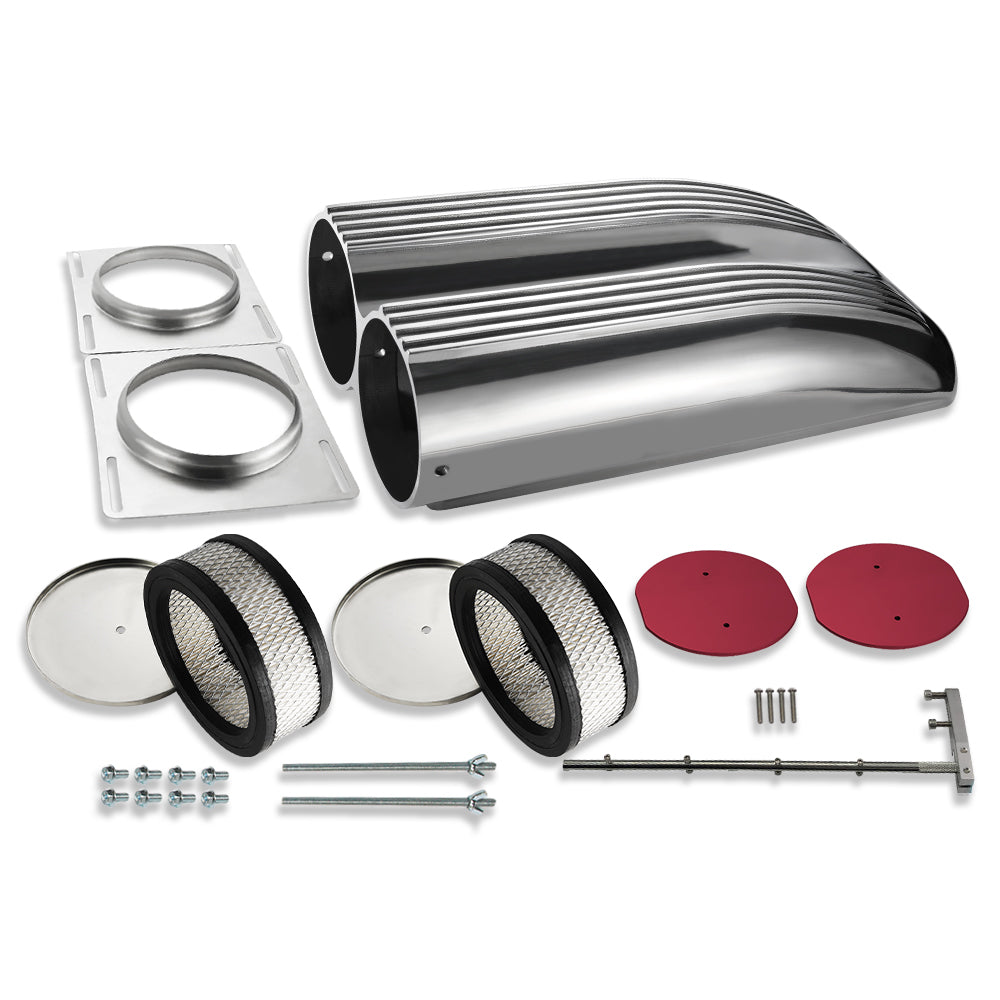 Finned Polished Aluminum Double Barrel Shotgun Intake Air Hood Scoop Kit Hotrod