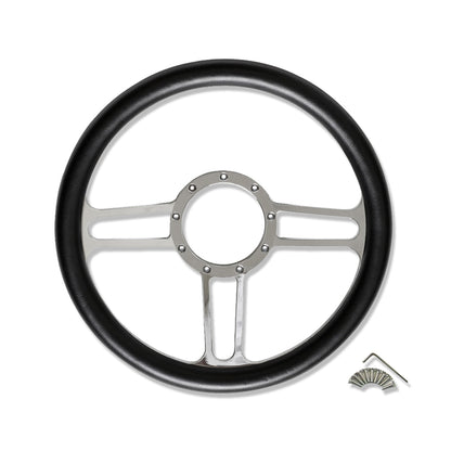 14" Chrome Billet Aluminum Steering Wheel 9 Hole w/Half Wrap Black Leather