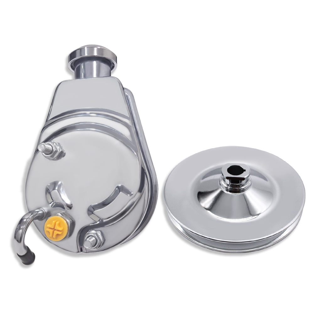 For Chevy SBC BBC Saginaw Power Steering Pump w/ Single Groove Pulley Chrome