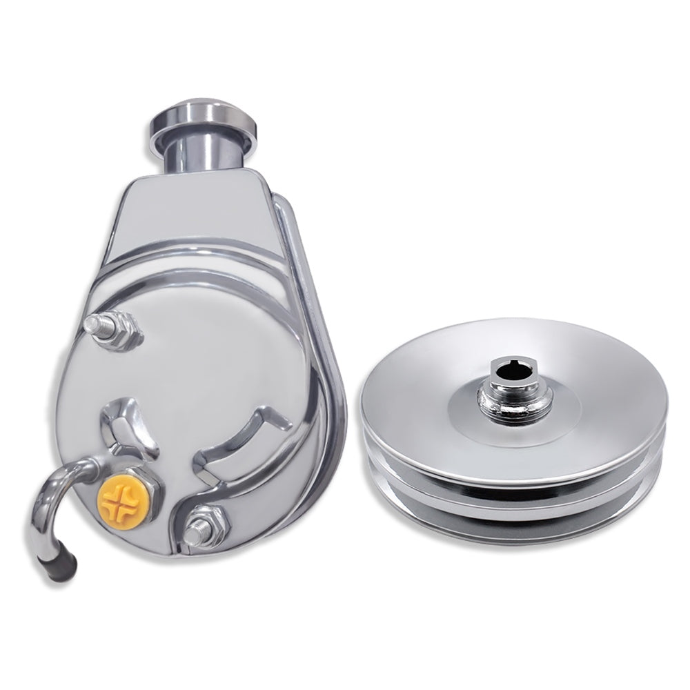 For Chevy SBC BBC Saginaw Power Steering Pump w/ Double Groove Pulley Chrome