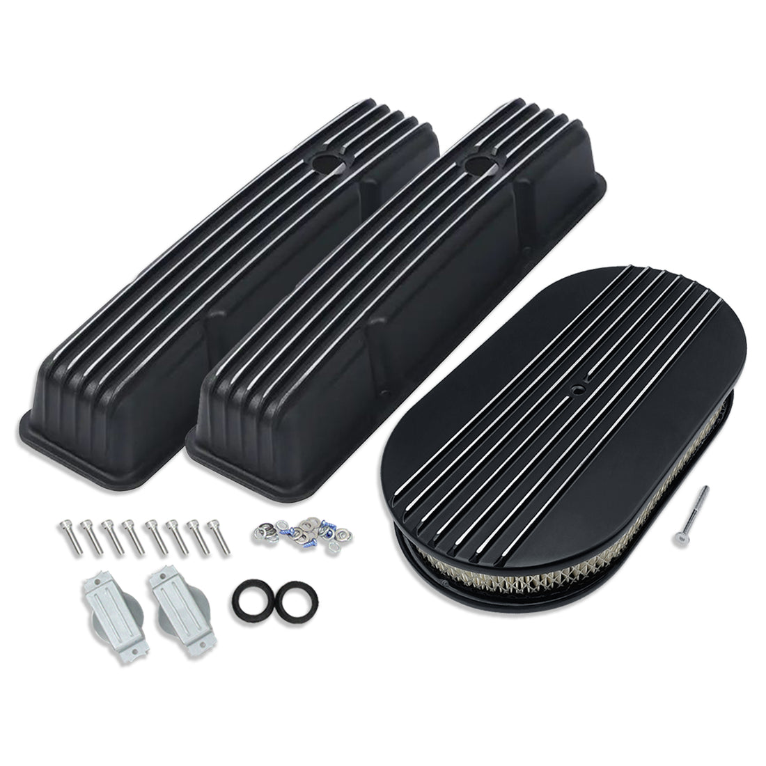 For Chevy SBC 1958-86 Tall Valve Covers & 15"x3" Oval Finned Air Cleaner Black