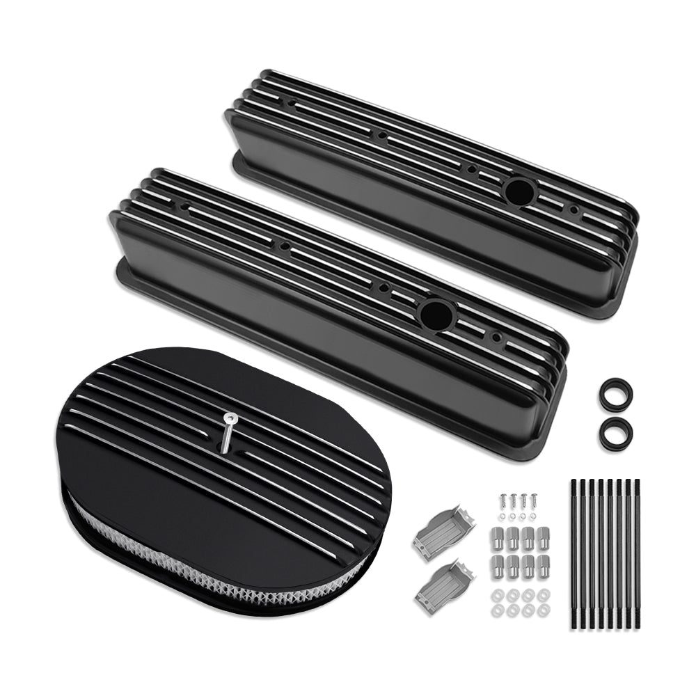 For Chevy 383 Tall Valve Cover Center Bolt Vortec & 12" Oval Partial Finned Aluminum Black Air Cleaner Kit