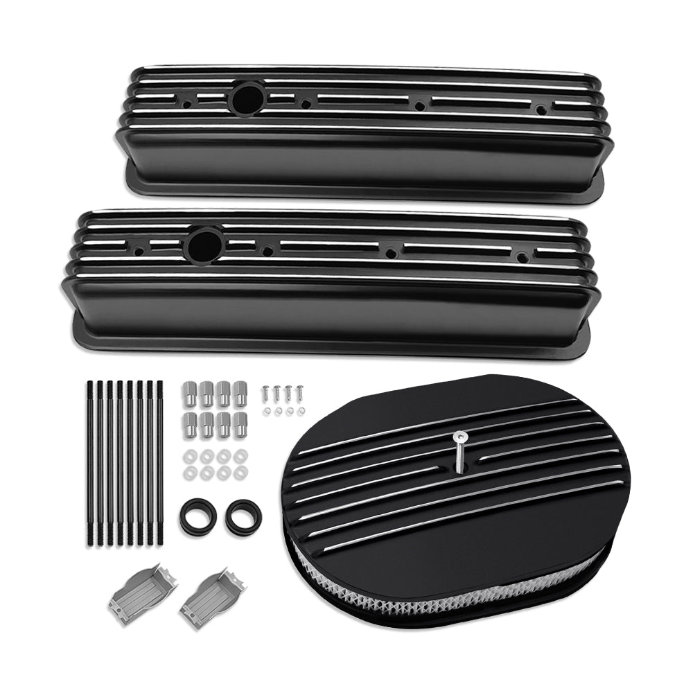 For Chevy 383 Tall Valve Cover Center Bolt Vortec & 12" Oval Partial Finned Aluminum Black Air Cleaner Kit