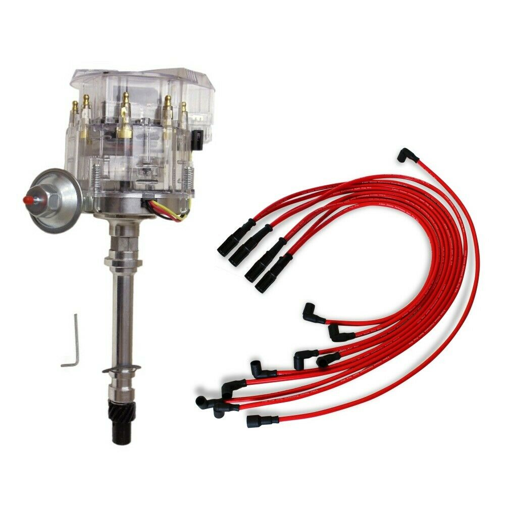 DEMOTOR V8's HEI Distributor with Clear Cap 65k 65,000 Volt & 9.5 mm Red Straight Spark Plug Wires Distributor HEI for Chevy BBC SBC SBF 302 350