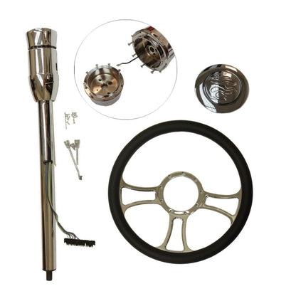 14" Chrome Independent Steering Wheel & Manual Steering Column 30" GM No Key & Flame Horn Button