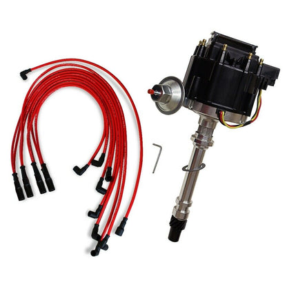 DEMOTOR Black Cap Complete HEI Distributor 65k Volt Ignition Coil & 9.5 mm Red Straight Spark Plug Wires Fits Chevy V8 305 350 454 SBC BBC
