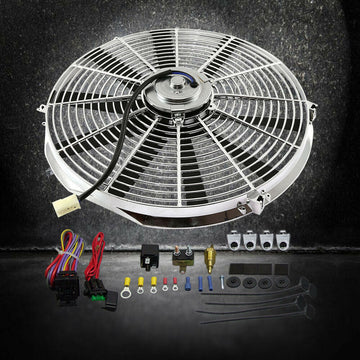 DEMOTOR Chrome Electric 12" Straight Blade Reversible Cooling Fan 12v with Thermostat Kit