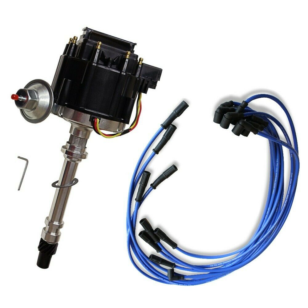 DEMOTOR Black Cap Complete HEI Distributor 65k Volt Ignition Coil & 9.5 mm Blue Straight Spark Plug Wires Fits Chevy V8 305 350 454 SBC BBC