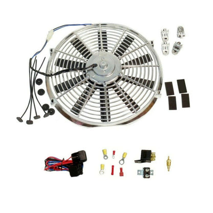 DEMOTOR Chrome Electric 14" Straight Blade Reversible Cooling Fan 12v Thermostat Kit