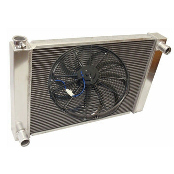 DEMOTOR Fabricated Aluminum Radiator 27.5" x 19" X 3" Overall & CFM 12v Electric Curved S Blade 16" Radiator Cooling Fan for Ford/Mopar