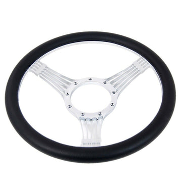 DEMOTOR 14" Billet Steering Wheel,Chromed Banjo Style with Black Leather Grip