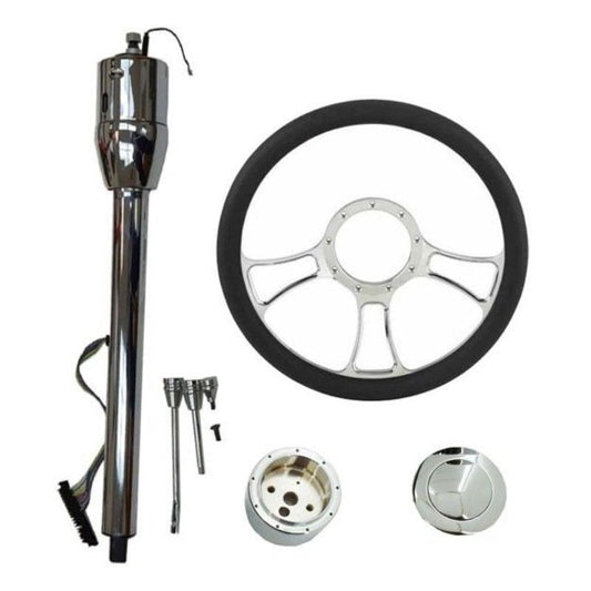 14" Chrome Independent Steering Wheel & Manual Steering Column 30" GM No Key & Smooth Horn Button