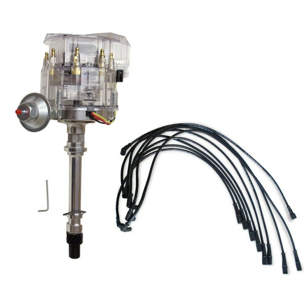 DEMOTOR V8's HEI Distributor with Clear Cap 65k 65,000 Volt & 9.5 mm Black Straight Spark Plug Wires Distributor HEI for Chevy BBC SBC SBF 302 350