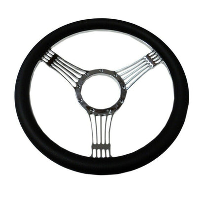 DEMOTOR 14" Billet Steering Wheel,Chromed Banjo Style with Black Leather Grip
