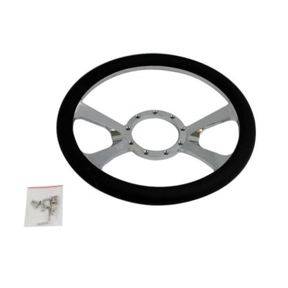 14" Chrome Billet Aluminum Steering Wheel and Manual Style Steering Column 28" GM No Key &Horn Button w/ Flame