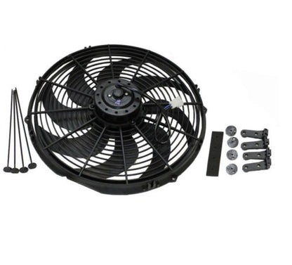 16" Heavy Duty 12V Radiator Electric Wide Curved S Blade FAN & Thermostat Kit, 3000 CFM Reversible Push or Pull with Mounting Kit