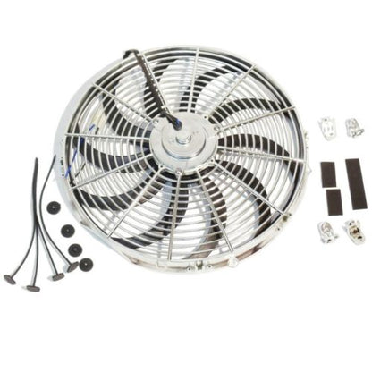 New Chrome 16" Reversable Electric Radiator Cooling Fan 2500cfm &Thermostat Kit