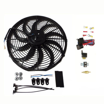 16" Heavy Duty 12V Radiator Electric Wide Curved S Blade FAN & Thermostat Kit, 3000 CFM Reversible Push or Pull with Mounting Kit