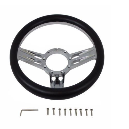 14" Billet Chrome Steering Wheel with Leather, adapter, Smooth horn Button
