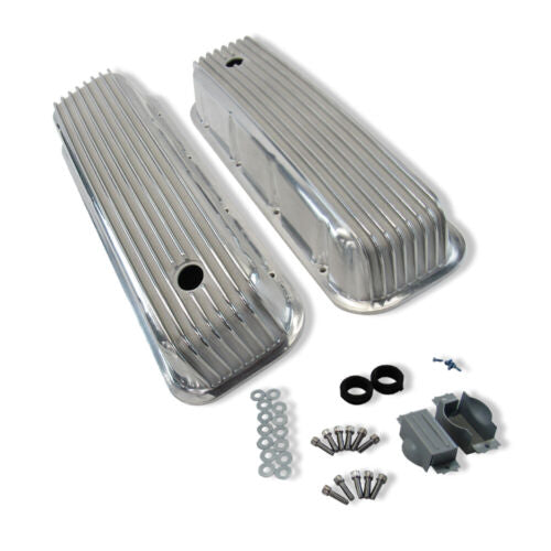 Tall Finned Aluminum Valve Covers Polished For 1965-95 BBC Chevy 396-454-502