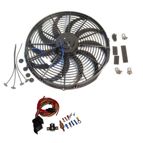 16" Electric Curved Blade Reversible Cooling Fan 12v & Thermostat Kit