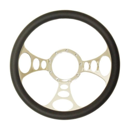 14" Chrome Nine Hole Steering Wheel w/ Half Wrap Black Leather