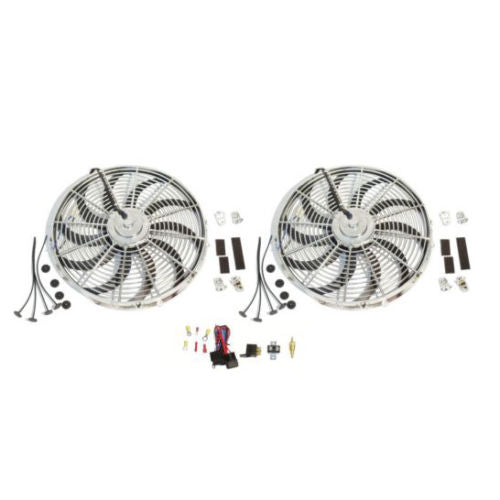 2 Sets New Chrome 16" Reversable Electric Radiator Cooling Fan 2500CFM with Thermostat Kit