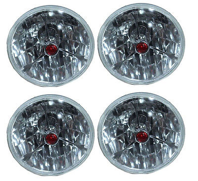 2 Pairs Chevy Impala Chevelle 5 3/4" Clear Red Dot Tri Bar Headlights H4 Bright