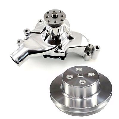 BBC Big Block Chevy Chrome Long Water Pump High Volume LWP & Double Groove Polished Pulley