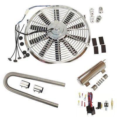 16" Chrome Straight Blade Cooling Fan with Thermostat Relay Kit&3"X 10" Inch Radiator Overflow Tank&48" Radiator Hose