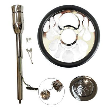 14" Billet Chrome Ripple Style Steering Wheel & Manual Steering Column 30" GM No Key & Flame Horn Button