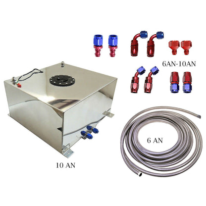 10 Gallon Silver Aluminum Fuel Cell Tank &Fuel Hose Sender& Fuel Line kit 6 AN