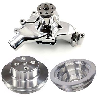 BBC Big Block Chevy Chrome Long Water Pump High Volume LWP & Long and Triple Groove Crank Pulley & Double Groove Pulley