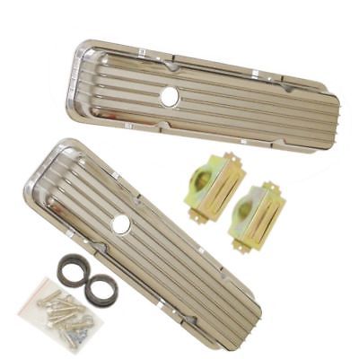 SBC Small Block Chevy Finned Short Polished Aluminum Valve Covers W/ Holes 350