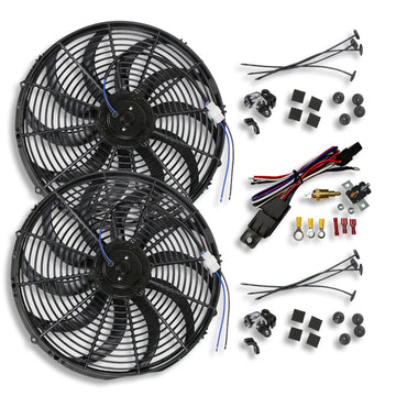 2 Sets of 16" Electric Curved "S" Blade Reversible Cooling Fan 12v 3000cfm & Thermostat Kit