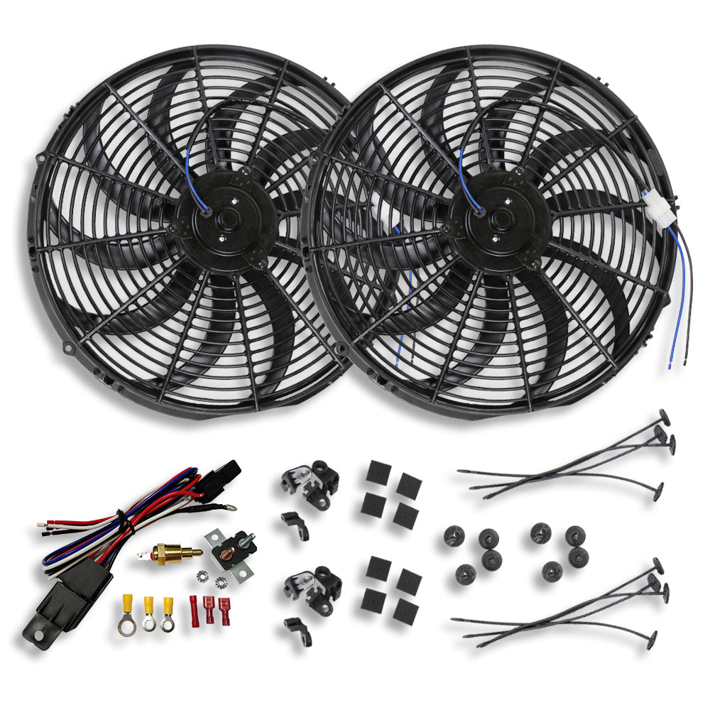 2 Sets of 16" Electric Curved "S" Blade Reversible Cooling Fan 12v 3000cfm & Thermostat Kit